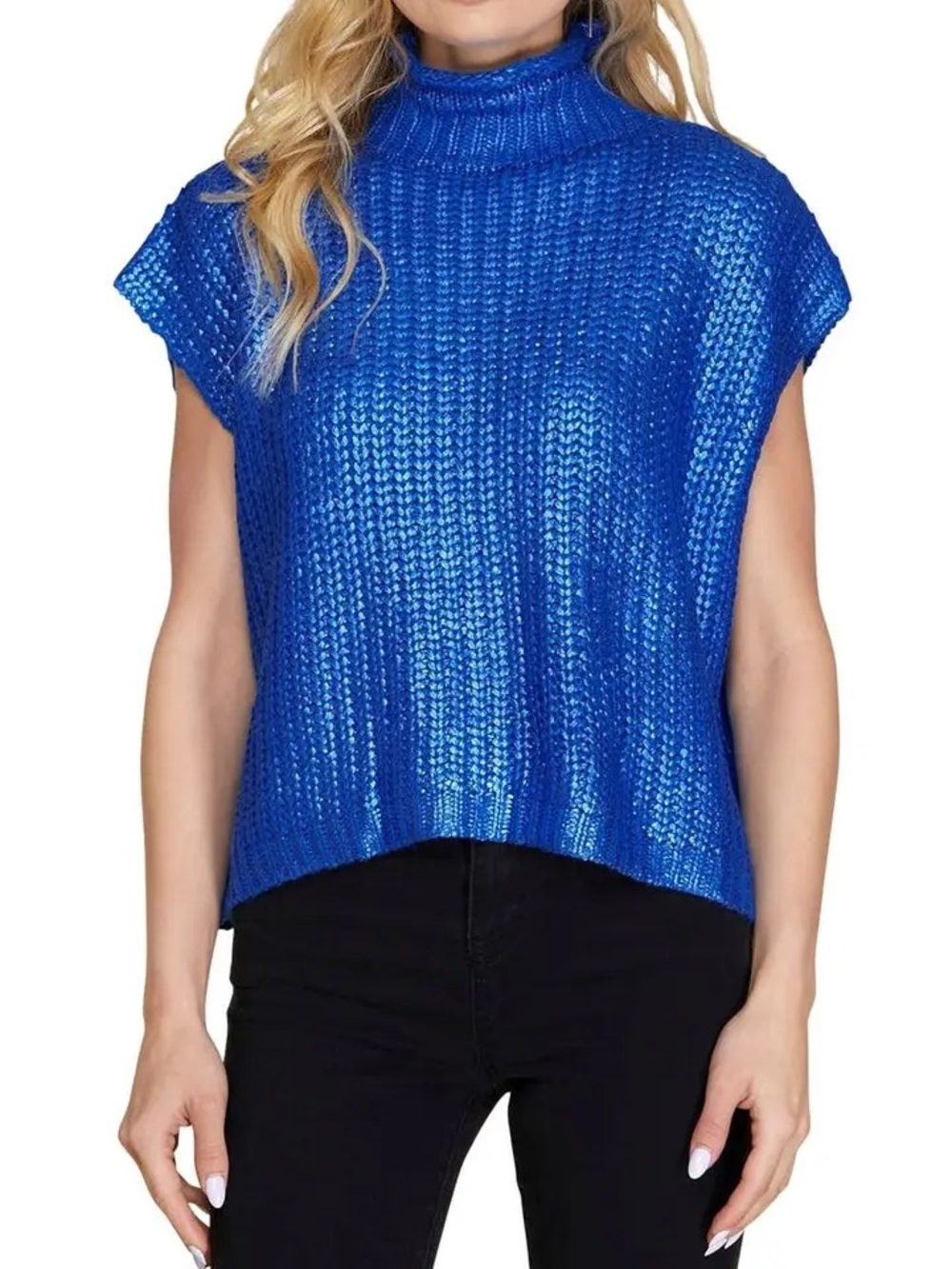 She+ Sky Mandi Metallic Foil Sweater Top, blue color, size small